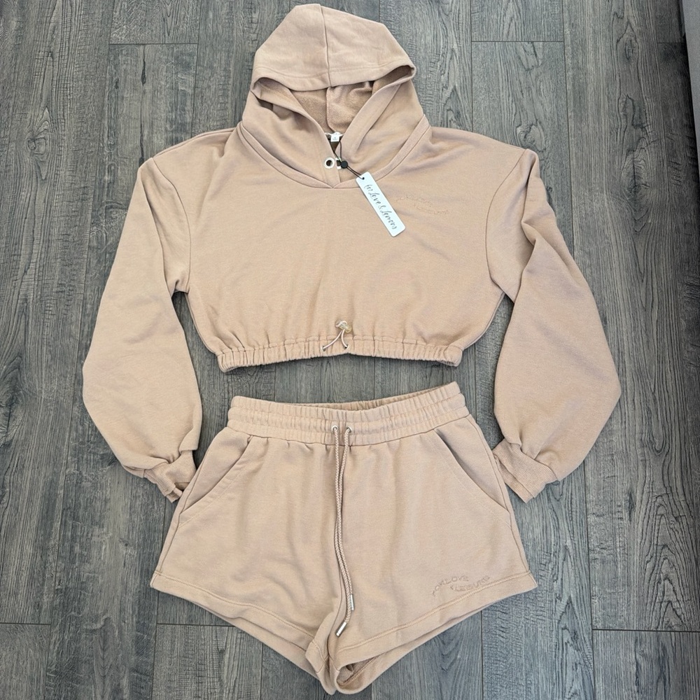 For love and lemons Tan Cropped Hoodie and Shorts Set